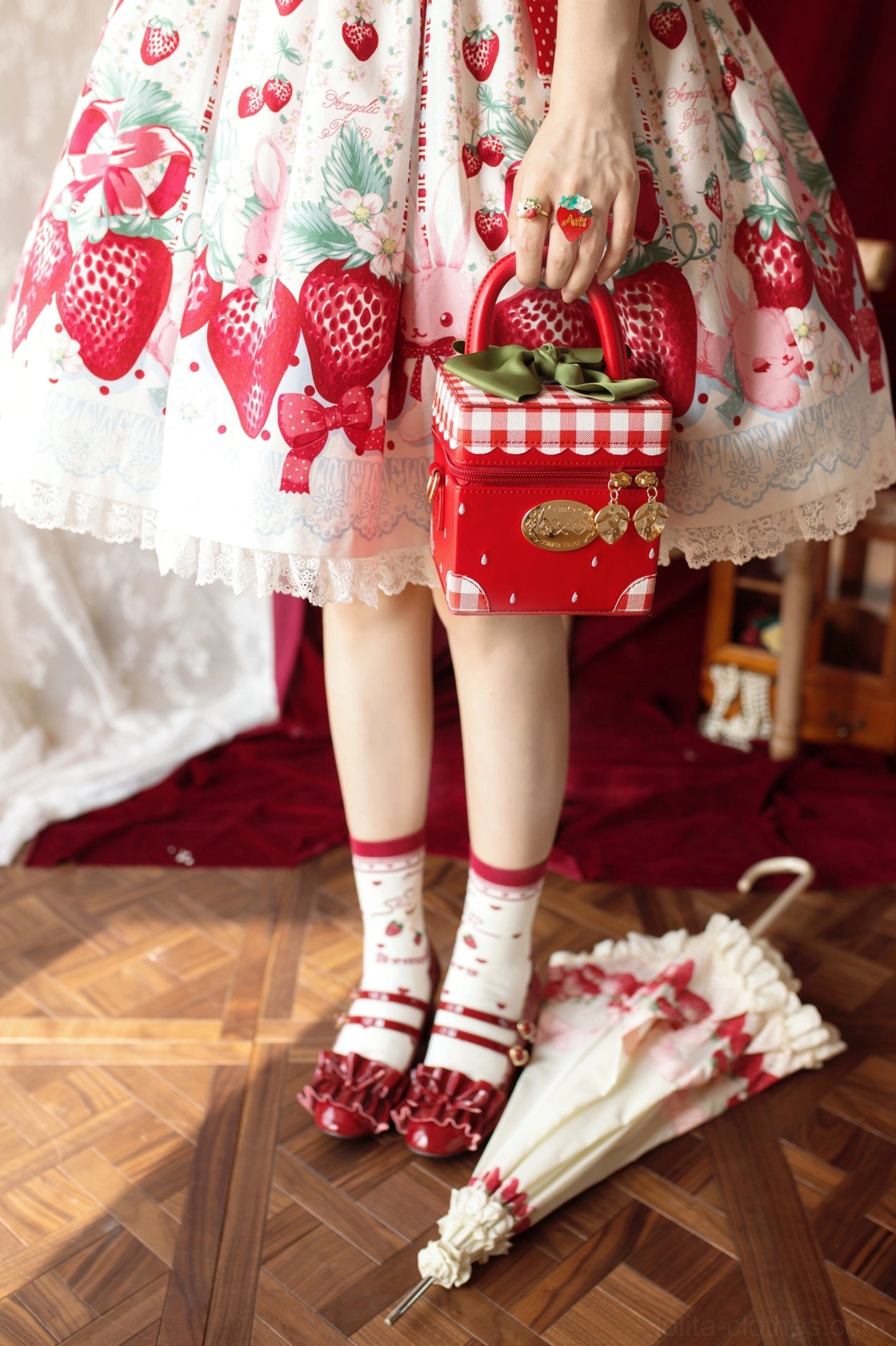 Sweet lolita coordinate outfit lower body strawberry print skirt checkered handbag striped socks