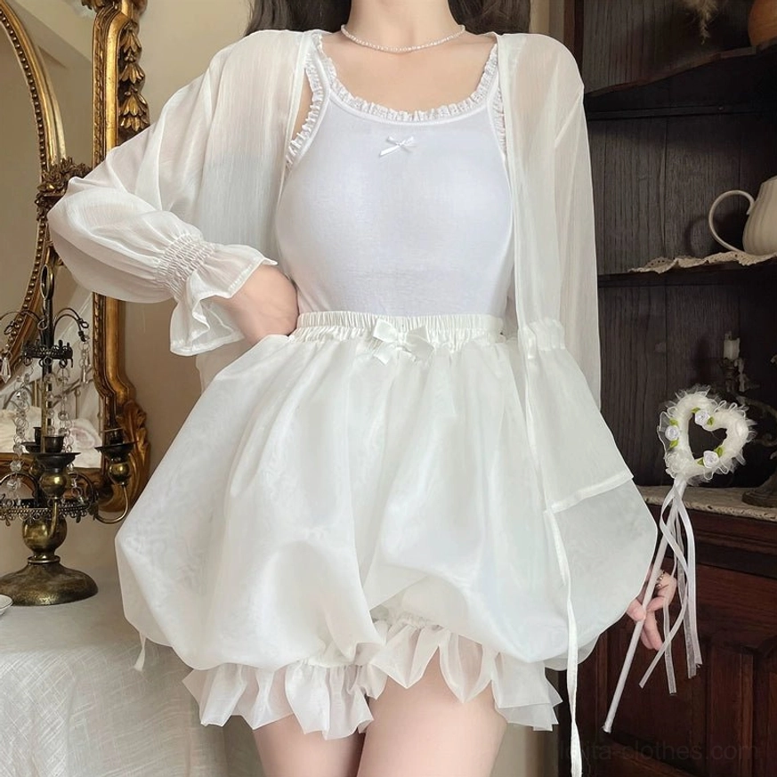 Sweet lolita coordinate featuring white organza bloomers with ruffled camisole and sheer organza cardigan full upper body view