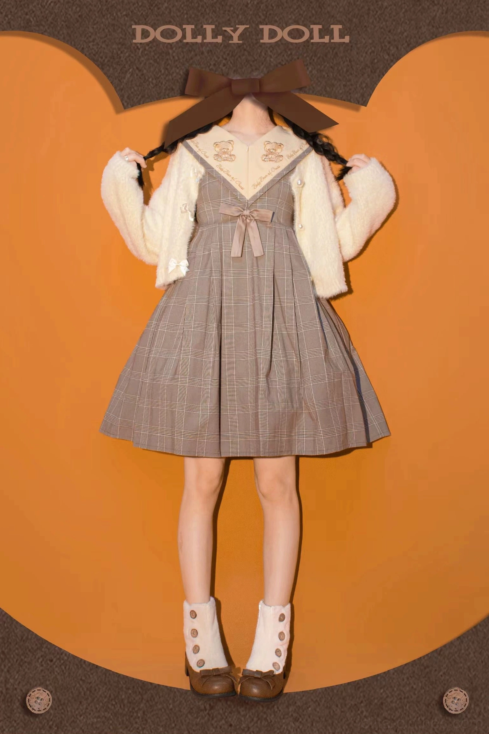 Sweet lolita coordinates showcasing winter mary jane boots with faux fur trim matched to pastel outfit ruffles bows