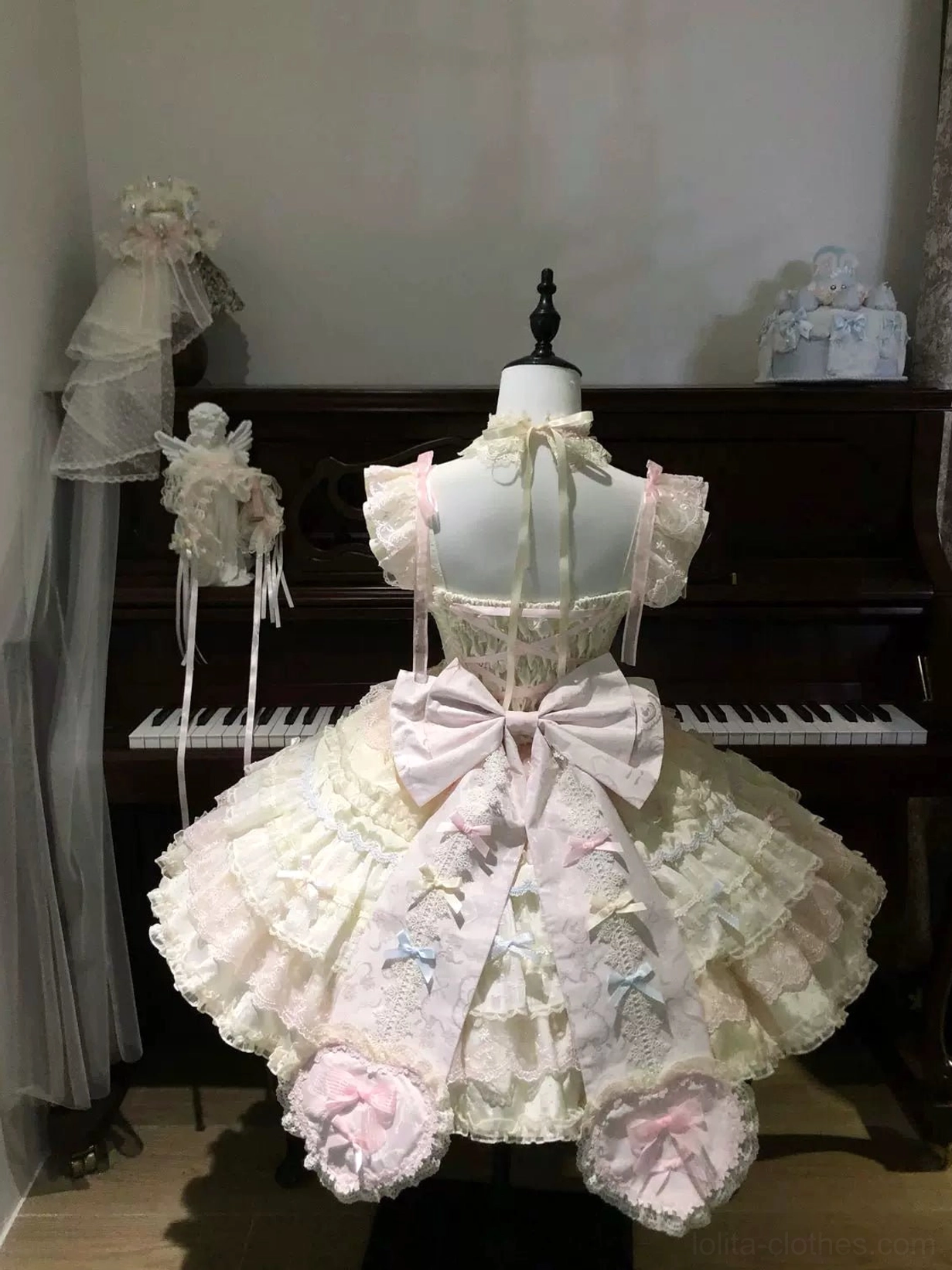 Sweet Lolita Corset JSK Dress back view large bow 3D floral decorations tie-up lace-up design vintage piano setting
