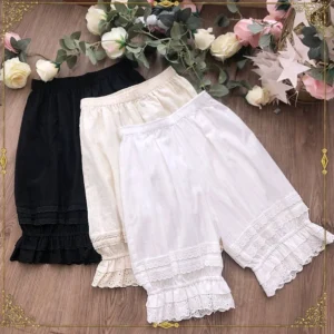 Multi-color sweet lolita cotton bloomers collection flat lay display black cream white apricot options with double layer ruffled lace trims