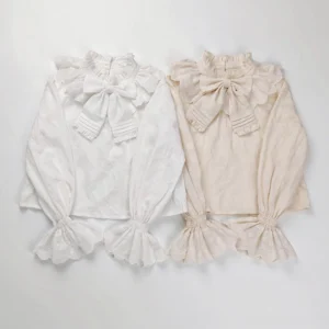 Matching ivory and white sweet lolita cotton blouses side by side comparison showing identical design with ruffled lace collar and bow