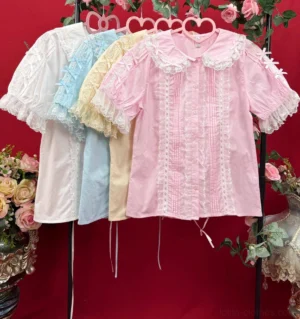 Multiple sweet lolita cotton lace blouses in white pink blue yellow colors with lace collar and ruffled sleeves front display