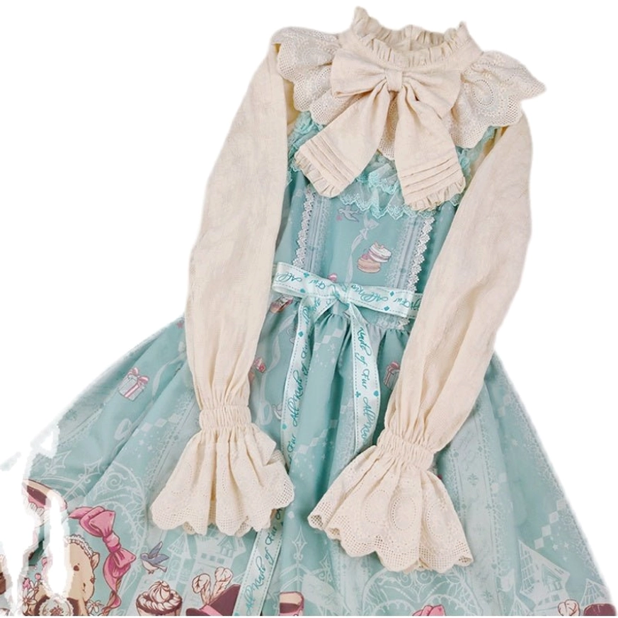 Sweet lolita cotton blouse detail shots showcasing quality construction ruffled collar lace trim and bow bow embellishments craftsmanship