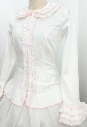 Sweet Lolita cotton blouse white with pink ruffled trim tiered flared cuffs pink bow collar front display