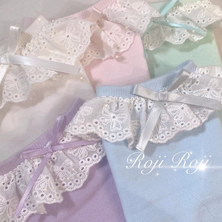 Sweet lolita cotton socks with lace-trimmed cuff and bow details in pink light blue purple color options versatile colors for completing any sweet lolita fashion coordinate