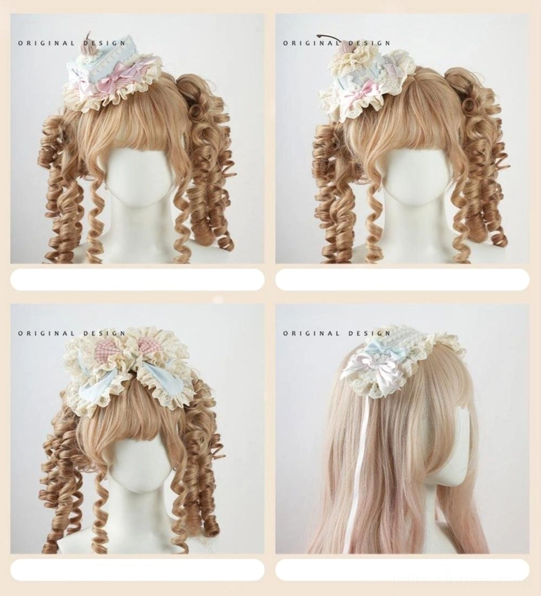 Sweet lolita cupcake-themed headpiece set featuring coordinated pink gingham and light blue satin elements, dimensional beige crocheted details, and lace embellishments