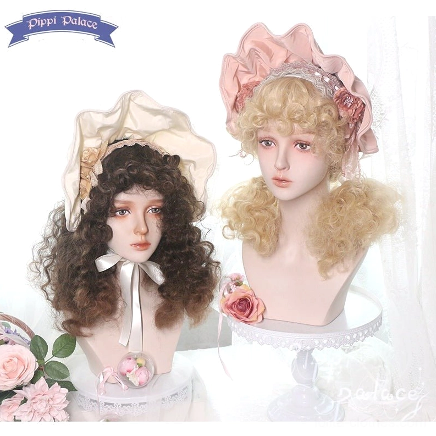Two styles of sweet lolita curly short wigs displayed on mannequin heads with matching vintage bonnets and silk neck ribbons, front view