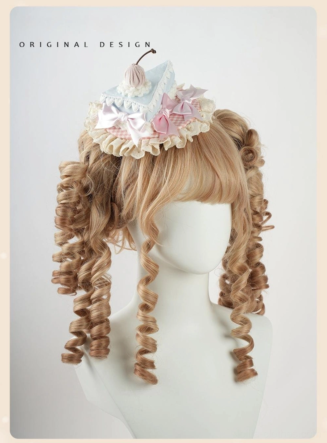 Sweet lolita dessert-themed hair accessory set showing crocheted cake details, ruffled lace framing, satin bow embellishments, and dimensional fabric cake toppers