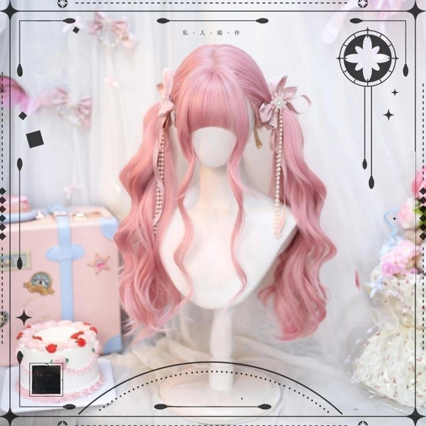 Sweet lolita double ponytails long wavy wig in sakura pink with straight bangs and pearl tassel decorations front view display