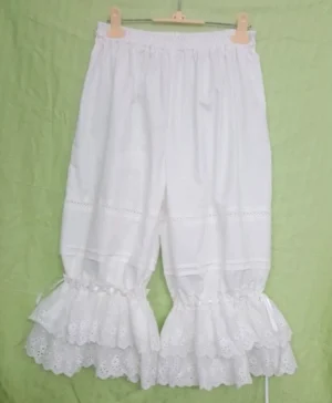 Sweet lolita drawstring bloomers white elastic waistband front hanging display with embroidered eyelet leg panels and scalloped lace ruffle hem
