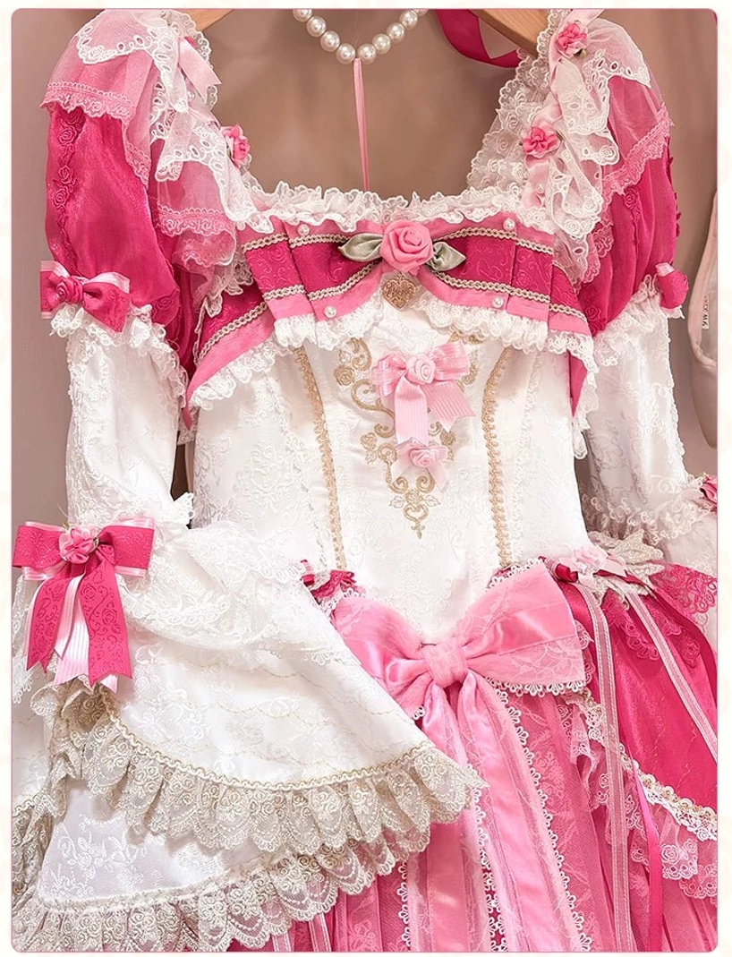 Sweet lolita dress close-up detail of upper bodice, square neckline with lace ruffles, 3D rose decorations, large satin bows, and golden embroidered floral patterns on bust area