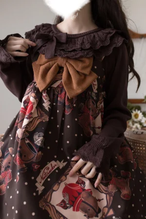 Vintage-inspired brown Sweet Lolita dress featuring detachable large bow collar with ruffled lace neckline and cartoon horse print design, upper-body partial front view showcasing bow decoration detail
