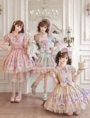 group of girls modeling sweet lolita macaron dresses in multiple pastel colorways holding plush toys vintage villa hallway
