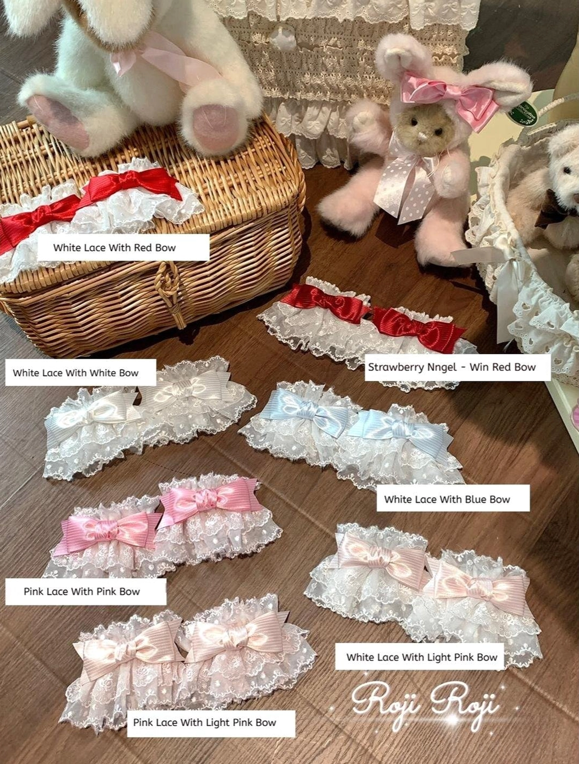 Comprehensive Sweet Lolita wrist cuffs color options display six different lace and bow combinations