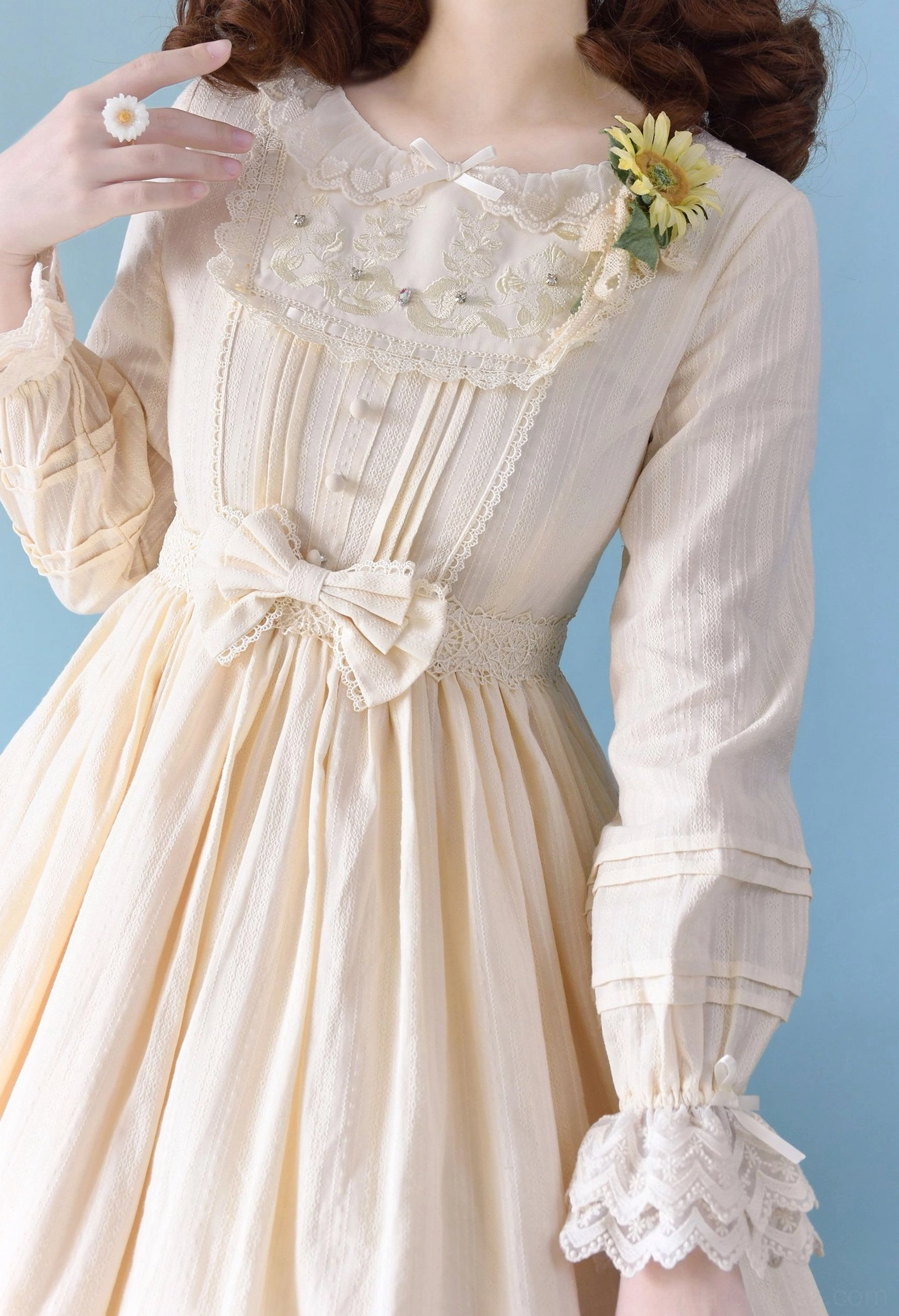 Beige Sweet Lolita embroidered OP dress available in both short-sleeved short and long midi length variants, showcasing lace embroidered details, tiered ruffled skirt, and classic Sweet Lolita charm