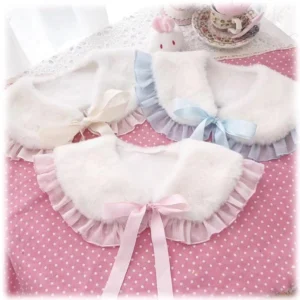 Sweet Lolita faux rabbit fur false collar scarf collection with pastel satin bows and ruffled trim displayed in a kawaii tea party flat lay