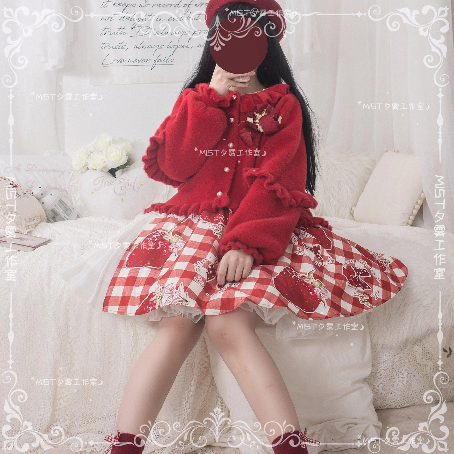 Sweet lolita fuzzy cardigan back view styling puff sleeves rear silhouette