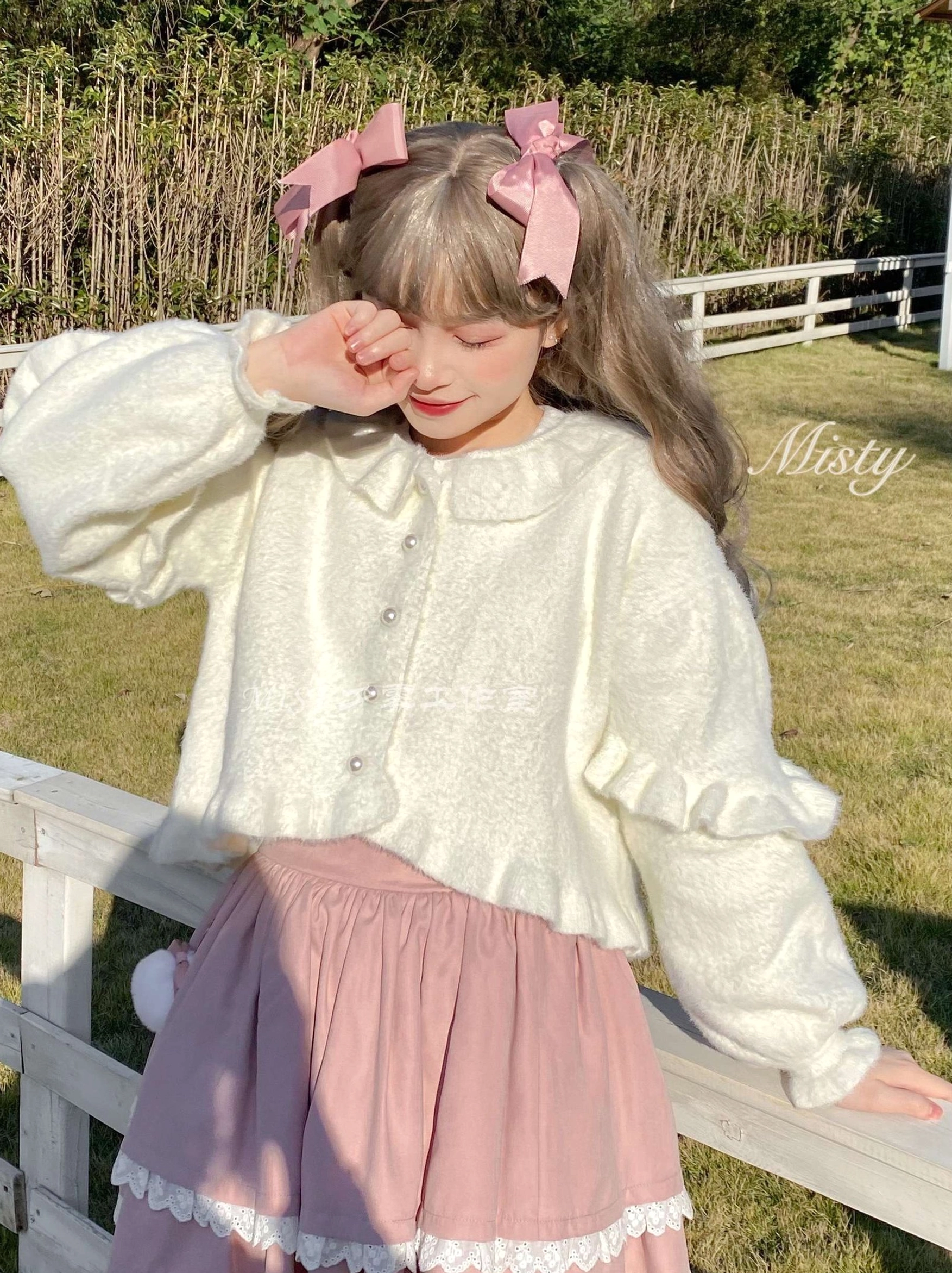 Sweet lolita fuzzy cardigan multiple color options milk white light pink light blue apricot red brown black display color swatch