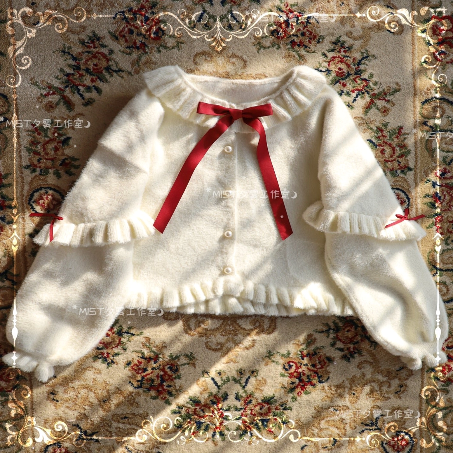 Sweet lolita fuzzy cardigan indoor styling bedroom scene ambient lighting display