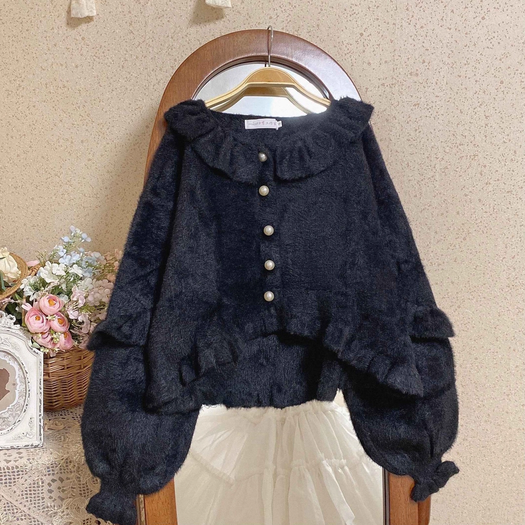 Sweet lolita fuzzy cardigan fabric texture plush soft fleece material close-up detail