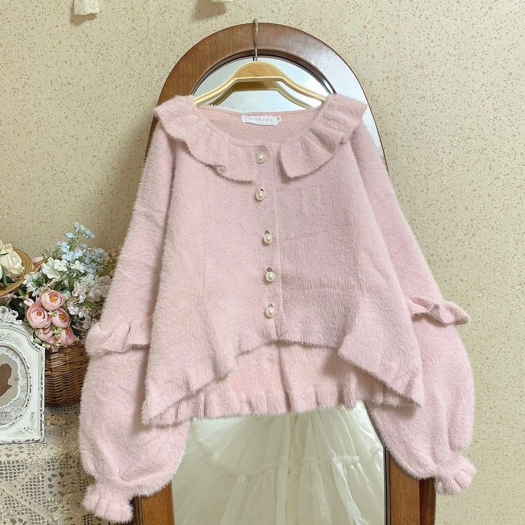 Sweet lolita fuzzy cardigan multiple sizes comparison S L sizing guide flat lay