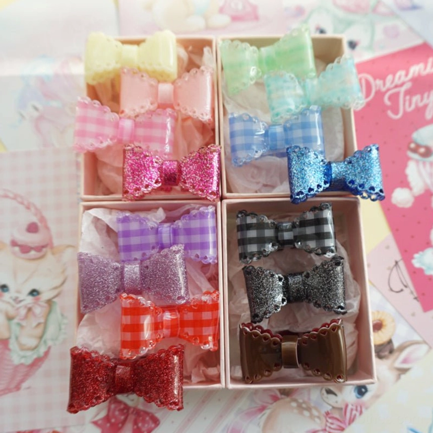 sweet lolita gingham bow hair clips overhead flat lay multiple color options translucent glitter resin