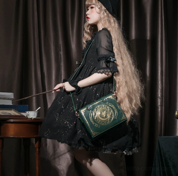 Sweet lolita fashion grimoire crossbody bag showcasing delicate gold magic circle embroidery and book-shaped silhouette aesthetic