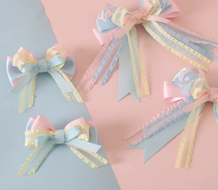 Sweet lolita hair accessories collection complete set bear ear headbands pastel ribbon bow clips product showcase display