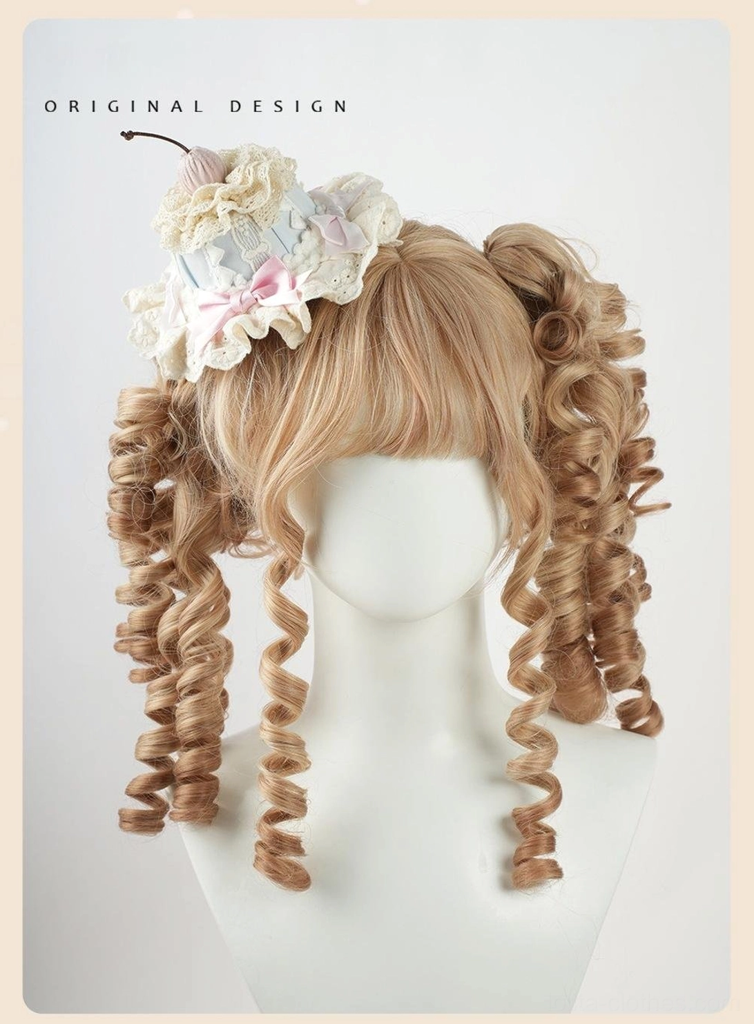 Sweet lolita hair accessory collection featuring multiple cake and cupcake-themed styles with pink gingham, light blue satin, ruffled lace, and fabric cherry toppers