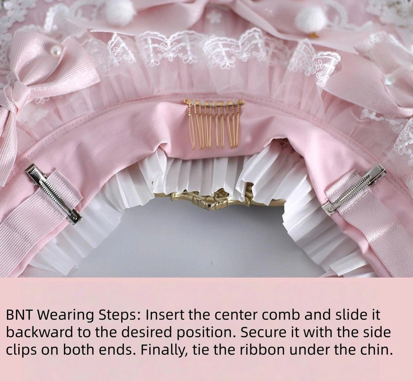 Sweet Lolita headdress with Hanamaru brooch 2-in-1 dual attachment, featuring heart rhinestone center detail and white lace frills for versatile styling