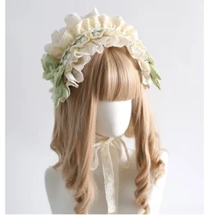 Grass Green Sweet Lolita Tiered Ruffled Lace Headband with Bow Clips featuring green fabric bow accents and attached lace neck ribbon, front three-quarter view