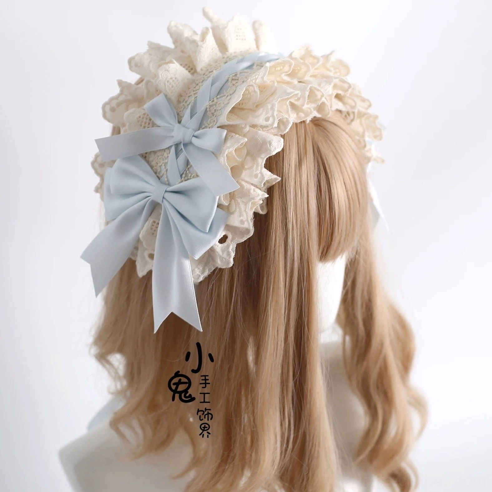 Sweet lolita headdress and accessory set complete four-piece collection cream ruffled lace sky blue satin bows ensemble display