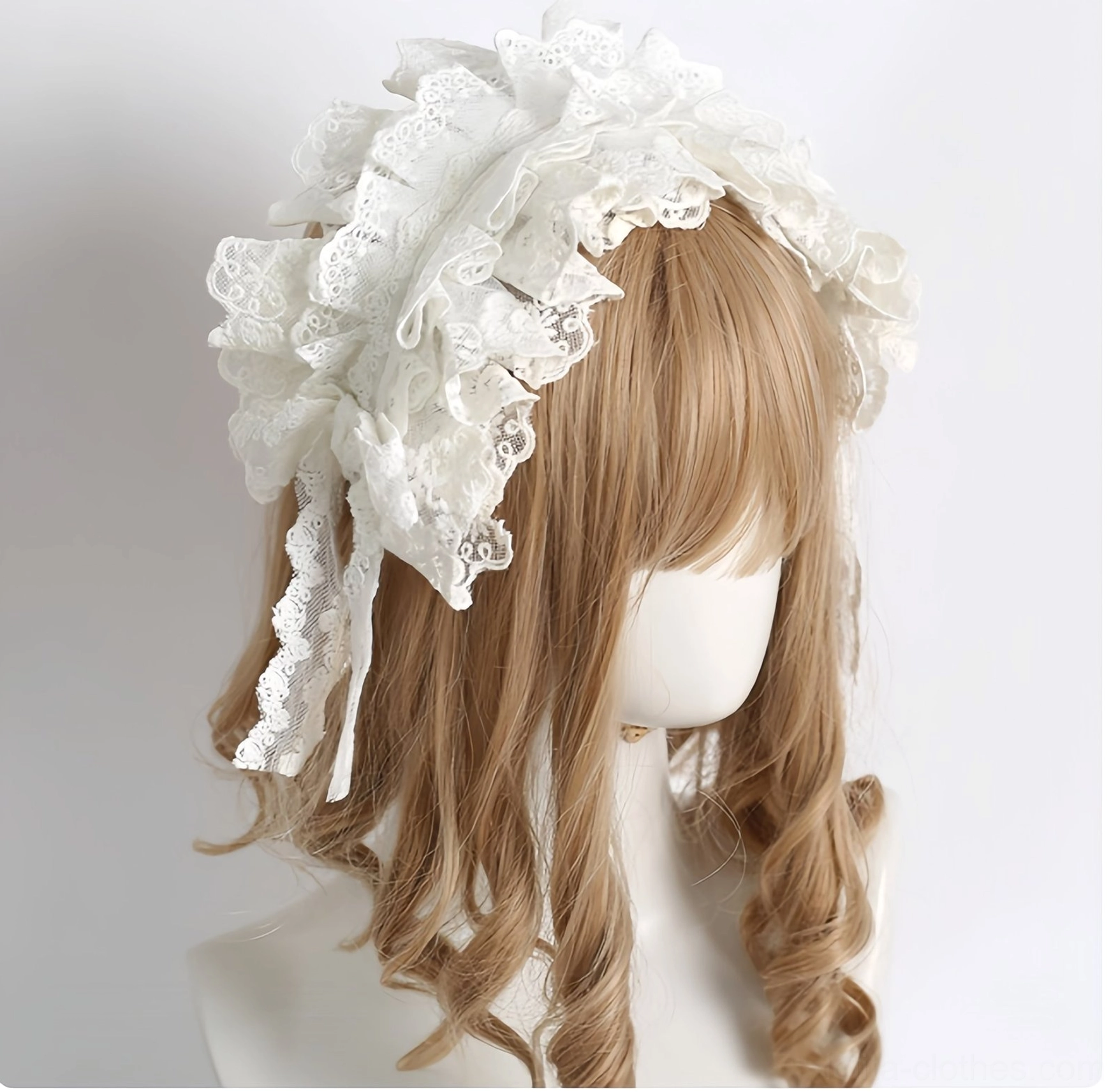 Sweet lolita embroidered lace headdress accessory detail shot showing intricate ruffled texture, floral embroidery patterns, and delicate lace craftsmanship for lolita fashion styling