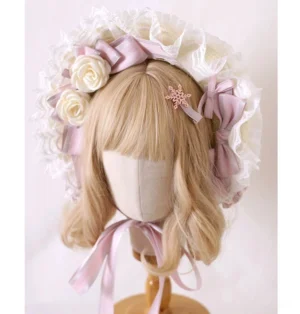 Sweet lolita handmade headdress with dusty pink satin bows white ruffled lace cream roses and snowflake hairpin front oblique view