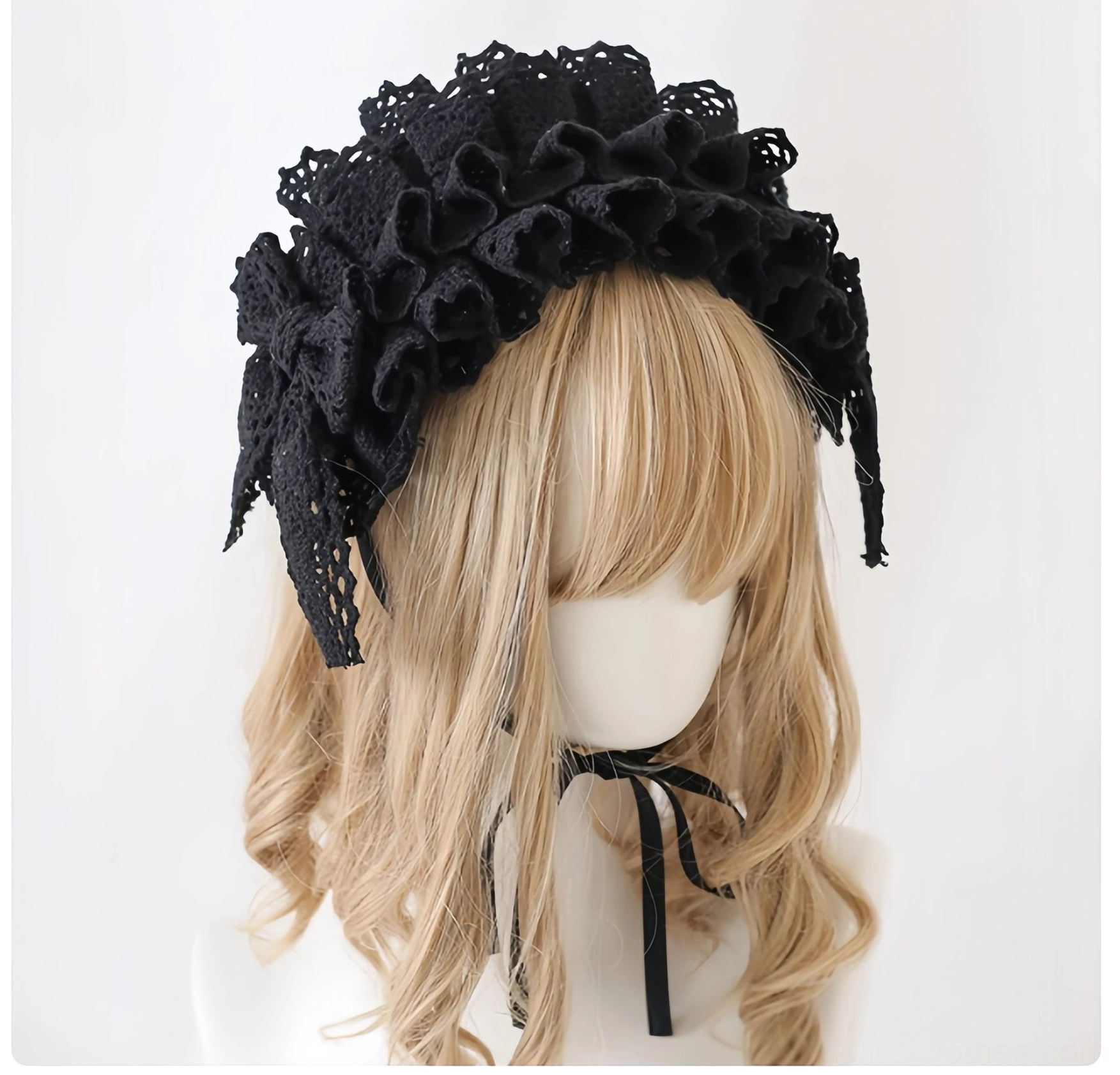 Sweet lolita headdress with satin ribbon and bow details flat lay showing hardware quality, ribbon color options, and overall construction premium finish