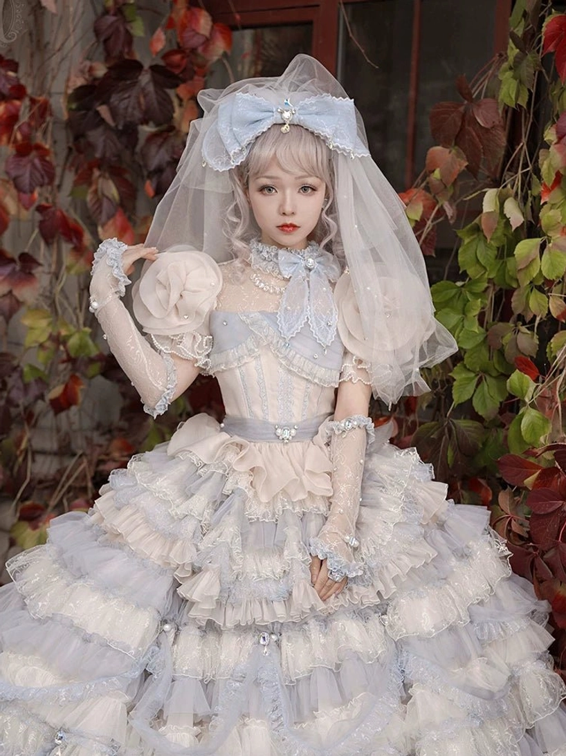 Sweet Lolita headdress veil multiple color options white pink gray-blue comparison styling versatility