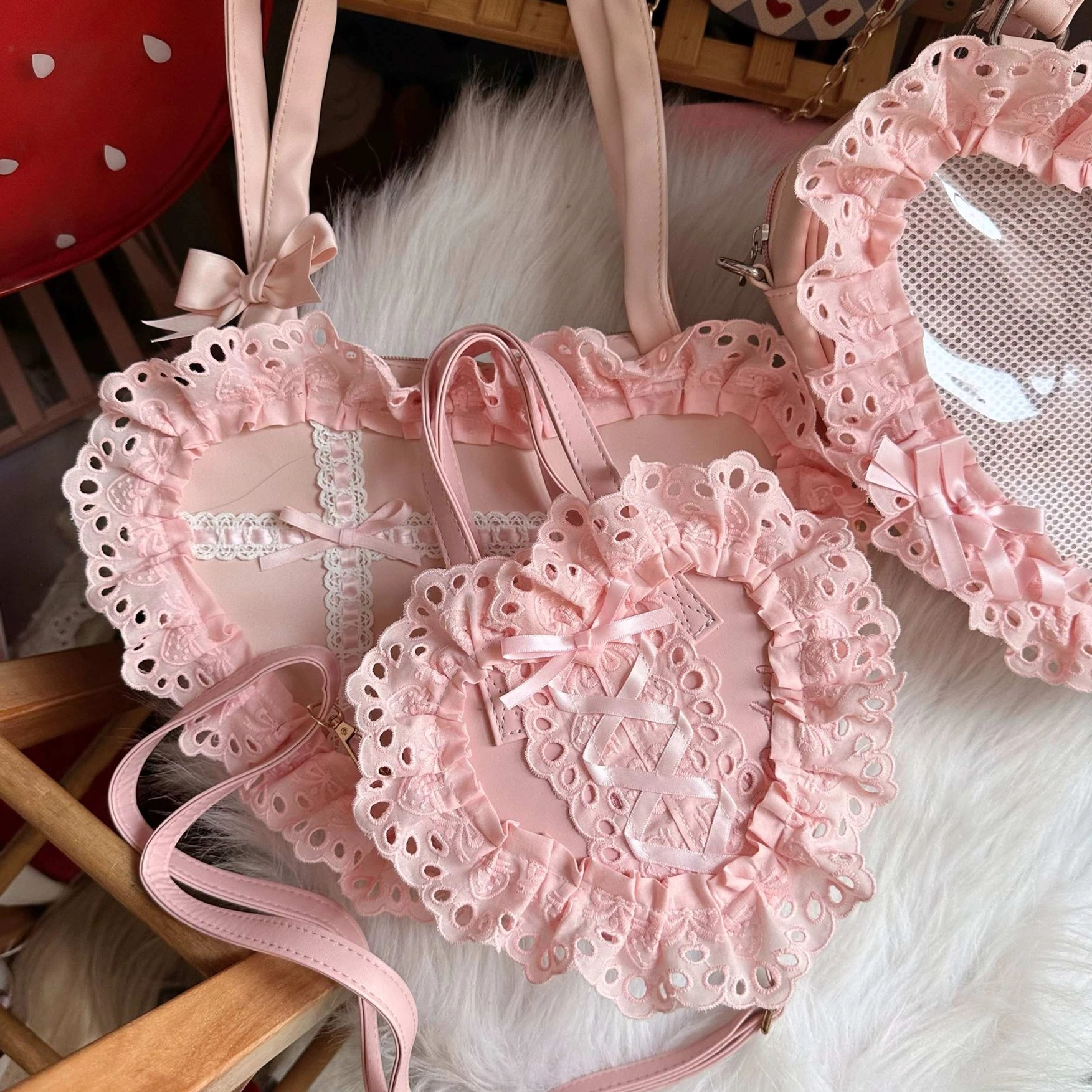 sweet lolita heart-shaped shoulder bag with lace trim mesh window detail product photography