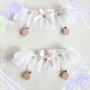 Sweet Lolita white lace stocking garter clips with pink satin bows and heart-shaped suspender clasps