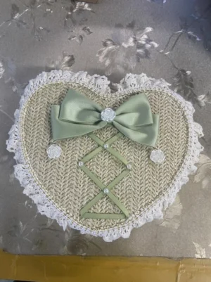 Handmade Sweet Lolita heart-shaped woven handbag with white ruffle lace matcha green bow cross straps and pearl decorations