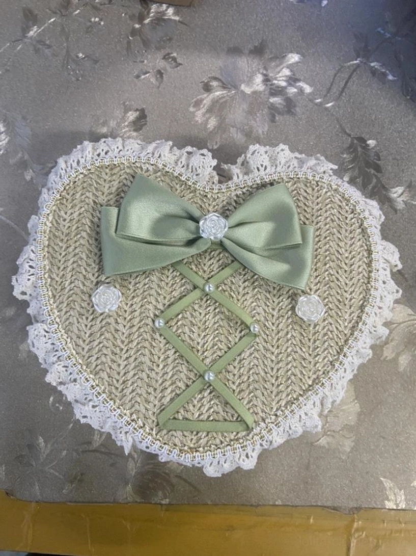 Handmade Sweet Lolita heart-shaped woven handbag with white ruffle lace matcha green bow cross straps and pearl decorations