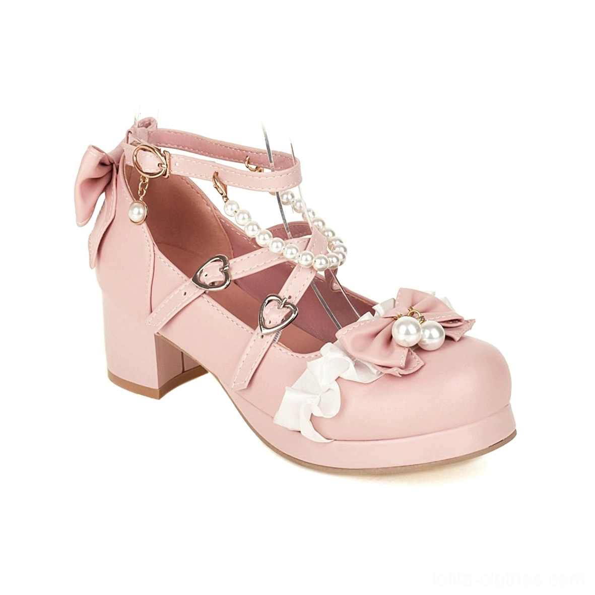 Sweet lolita round-toe heels care and maintenance guide visual showing storage recommendations, cleaning suggestions, pearl chain preservation tips, seasonal care, and longevity features