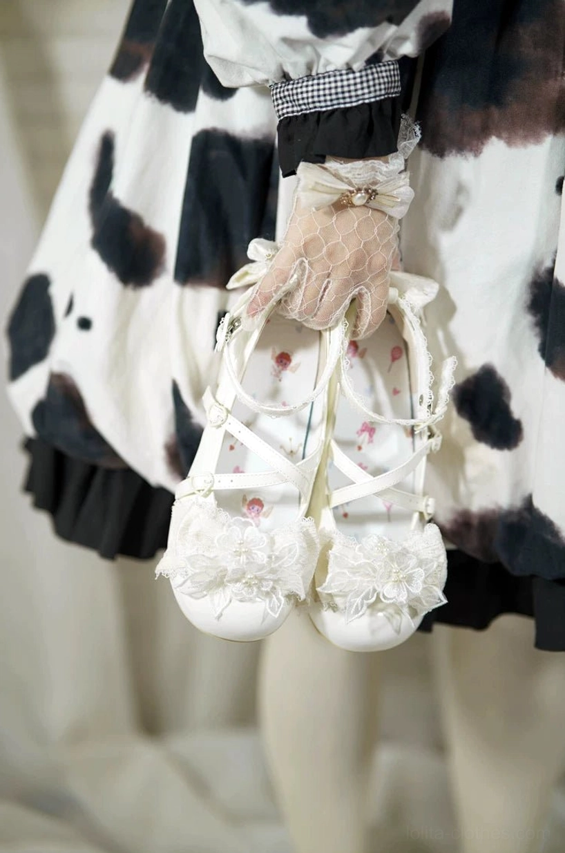 Sweet Lolita wedding heels care maintenance guide showing proper storage cleaning protection and preservation of floral details rhinestone accents and patent leather