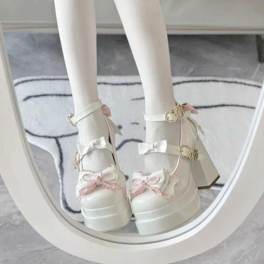 Sweet Lolita patent leather platform heels detail shot of ankle strap gold hardware and buckle design