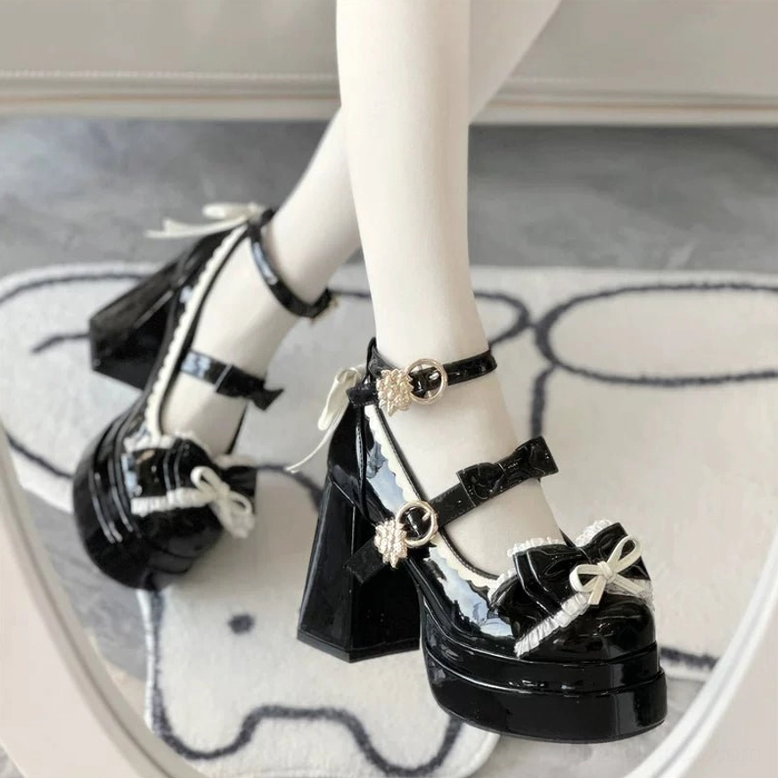 Sweet Lolita platform heel shoes detail of front ruffled bow and upper vamp decorative embellishments