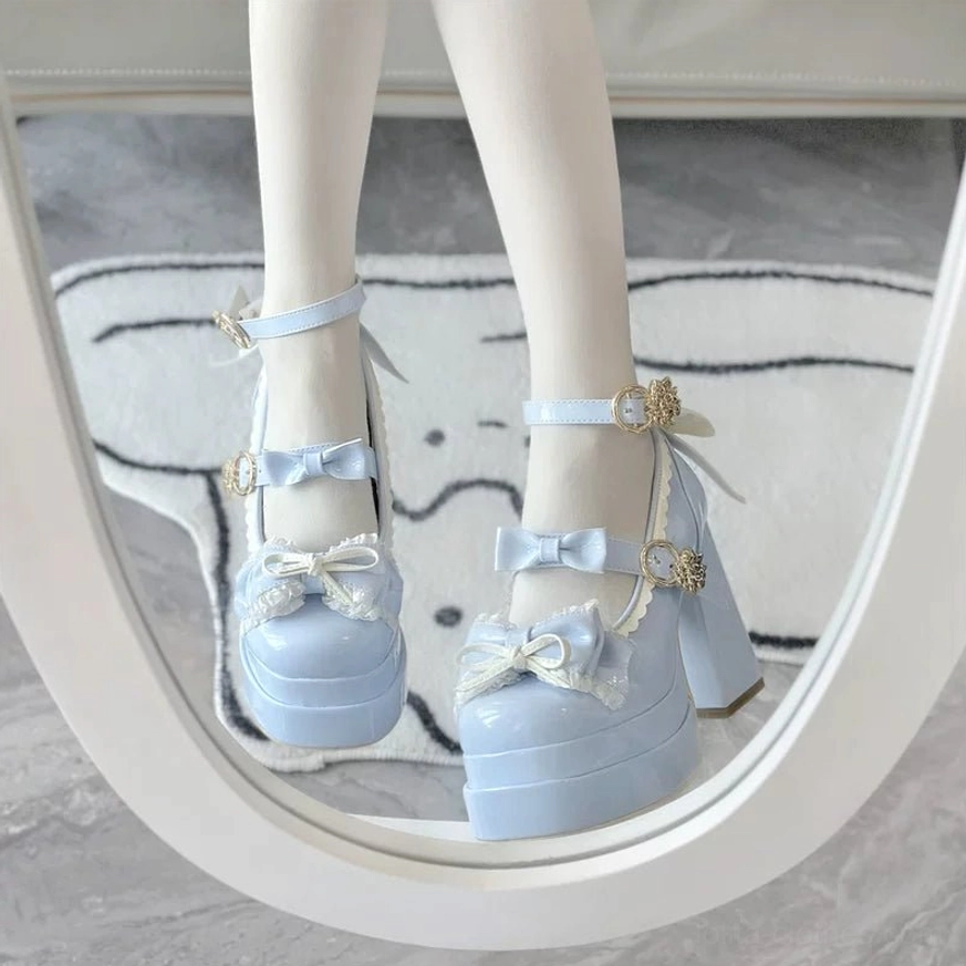 Sweet Lolita patent leather platform heels close-up texture and glossy finish detail photography