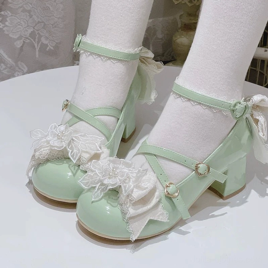 Sweet Lolita wedding heels size guide and measurements chart with European UK and US size conversions for proper fit with cross-strap ankle support