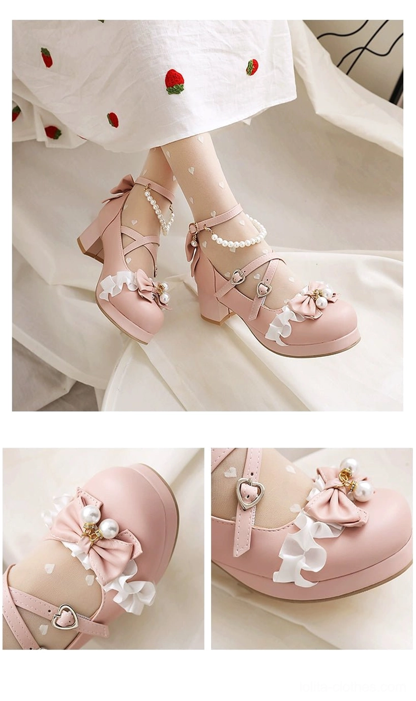 Multiple sweet lolita heels styling suggestions showing how to coordinate round-toe heels with lolita fashion essentials including frilly socks, lace legwear, puff sleeve blouses, and matching accessories