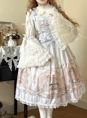 Sweet lolita blouse with matching ruffled coordinate set, three-quarter front view showing lace-trimmed collar and sleeves, tiered ruffles, vintage printed skirt with lace hem and decorative bows against indoor tabletop decor background