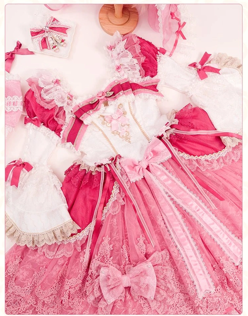 Sweet lolita hime sleeve one-piece princess dress golden embroidered floral rose patterns on bust bodice area, 3D appliqué details and luxury embellishment close-up view